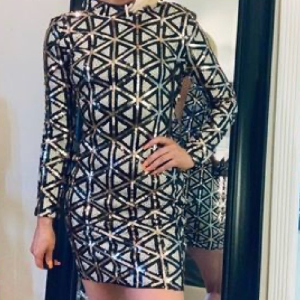 Lulus Geometric Black, White‎ and Gold  sequins Dress